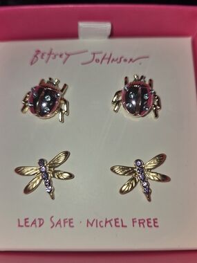Betsey Johnson Pink & Black Ladybug and Gold Dragonfly Stud Earring Set
